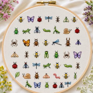 Può includere: Un telaio da ricamo circolare in legno contenente un tessuto bianco con una griglia di piccoli insetti e creature ricamati a mano, tra cui api, farfalle, coccinelle, libellule, ragni, lumache, formiche e bruchi.