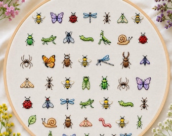 Borduurpatroon voor bijen en insecten met stoksteek (PDF) | Meer dan 40 mini-insectenborduurontwerpen | Beginners