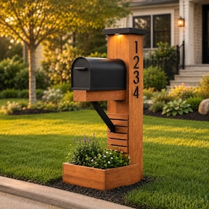 May include: A wooden mailbox post with a black metal mailbox mounted on top. The vertical post features the house numbers 1234 in black, a built-in light at the top, and a rectangular wooden planter box at the base filled with green plants.