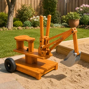 Pode incluir: Uma escavadora de brinquedo em madeira com acabamento natural, um assento para criança, duas alavancas de controlo verticais e uma pá de metal funcional. A estrutura está montada numa plataforma com um pneu de borracha preto na lateral.