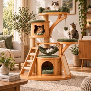 May include: A multi-level wooden cat tree featuring a circular base, a ladder, a hanging hammock, and two enclosed dens with cat-shaped cutouts. The structure includes sisal-wrapped scratching posts and plush dark green cushions on each platform.