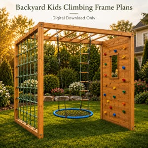 May include: Backyard Kids Climbing Frame Plans Digital Download Only. A wooden climbing frame structure featuring a green rope climbing net on one side, a blue circular web swing in the centre, a rope ladder, and a climbing wall with colourful holds.