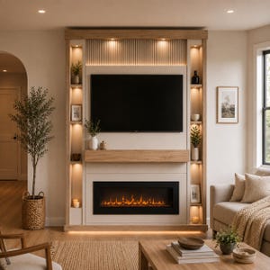 Puede incluir: Un centro de entretenimiento de madera clara de suelo a techo que cuenta con un televisor integrado, una chimenea eléctrica lineal con llamas naranjas y estanterías verticales con iluminación cálida y objetos decorativos.
