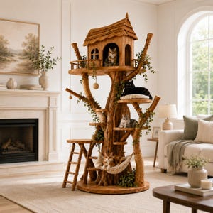 May include: A multi-level wooden cat tree designed like a treehouse with a peaked roof, multiple platforms, a hanging hammock, and a small ladder. The structure features textured bark-like surfaces, decorative green vines, and several cats.