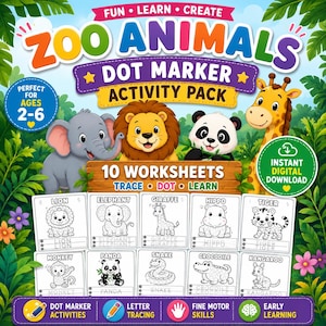 Punktmarker-Aktivitätspaket mit Zootieren | Feinmotorik-Arbeitsblätter für Kleinkinder und Vorschulkinder (PDF-Download)