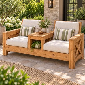 May include: A wooden outdoor loveseat featuring two seats with light beige cushions and olive green striped throw pillows. A central built-in table connects the seats, holding a small bowl and two mugs. The frame has a cross-brace design.