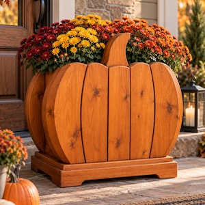 May include: A wooden pumpkin-shaped planter with a natural brown finish and a stem at the top. The planter is filled with a dense arrangement of blooming chrysanthemums in vibrant shades of deep red, bright orange, and golden yellow.