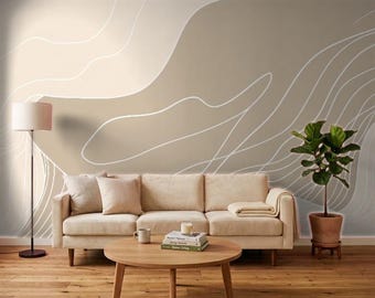 Neutral Abstract Line Wallpaper, Modern Beige Wave Removable Mural (Renter Friendly)