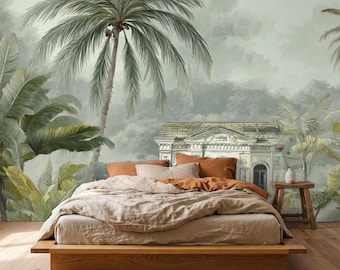 Tropical Palm Tree Peel and Stick Wallpaper, Jungle Wall Mural, Green Forest Removable Wallpaper, Renter Friendly Decor
