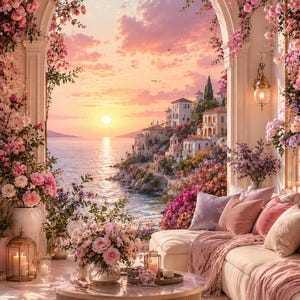 May include: A sunlit balcony scene featuring a cream-colored sofa with pink and lavender pillows, a round coffee table with a floral arrangement, and a large arched doorway framed by pink flowers overlooking a coastal sunset and hillside town.