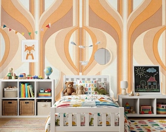 Retro Geometric Peel and Stick Wallpaper, Vintage Orange Wall Mural, Mid Century Modern Removable Wallpaper