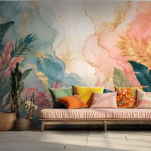 Pode incluir: Um divã de madeira com uma almofada rosa claro encosta-se a um mural de parede com redemoinhos de aguarela em azul-petróleo, pêssego e dourado. Várias almofadas em verde, amarelo, laranja, rosa e padrões florais decoram o assento.
