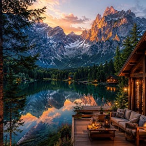 May include: A wooden deck featuring a beige sofa with cushions and a low coffee table with lanterns, overlooking a calm lake reflecting snow-capped mountains at sunset, surrounded by pine trees and a cabin structure on the right side.