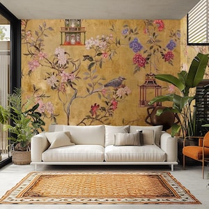 Oriental Floral Peel and Stick Wallpaper, Vintage Chinoiserie Wall Mural, Elegant Botanical Removable Wallpaper