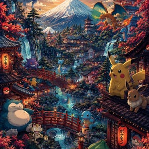 May include: A detailed digital illustration featuring various Pokemon characters including Pikachu, Eevee, Bulbasaur, and Charizard in a landscape with traditional Japanese architecture, a river, red bridges, waterfalls, and Mount Fuji under a moonlit sky.