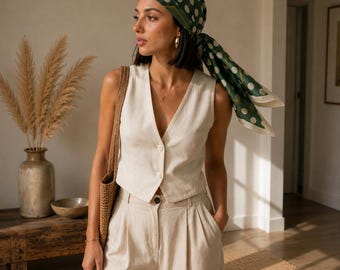 Emerald Retro Green Scarf, Polka Dot Bandana, Square Hair Wrap, Elegant Neck Scarf, Gift for Women
