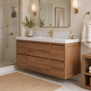 48 Inch Teak Bathroom Vanity with Marble Top and Soft-Close Drawers