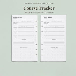 Op de afbeelding: Twee witte, ringgebonden cursus-trackerpagina's van persoonlijk formaat met zwarte tekst. Elke pagina bevat velden voor cursus, vergadertijd, professor, contact, kantooruren, belangrijke data, lezingen en extra info met een puntjesraster.