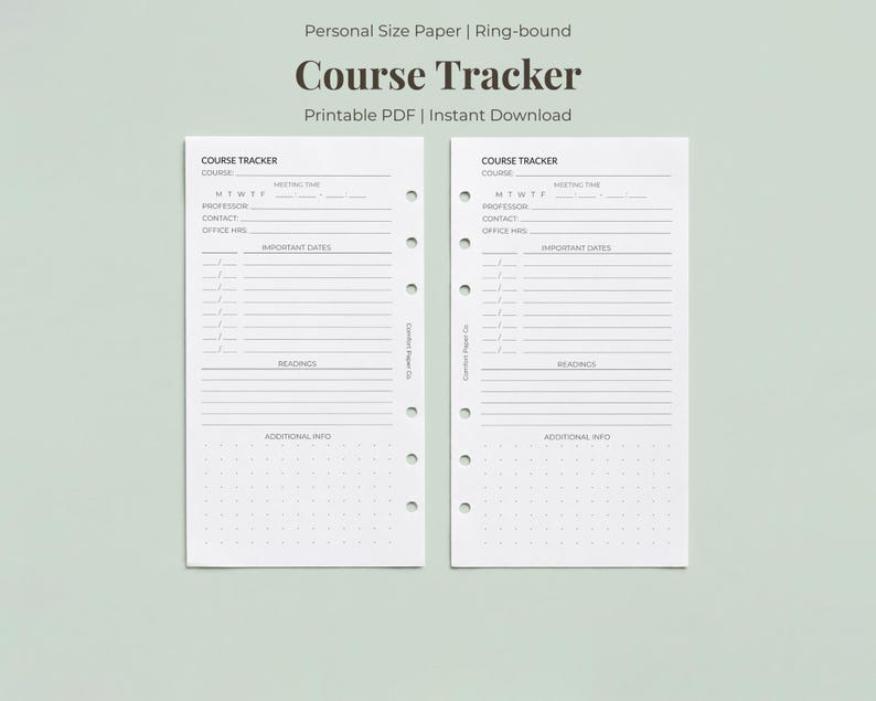 Op de afbeelding: Twee witte, ringgebonden cursus-trackerpagina's van persoonlijk formaat met zwarte tekst. Elke pagina bevat velden voor cursus, vergadertijd, professor, contact, kantooruren, belangrijke data, lezingen en extra info met een puntjesraster.