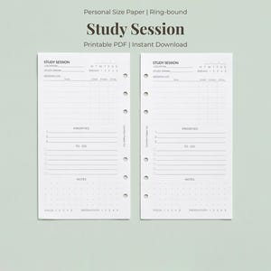 May include: Two white personal size ring-bound planner inserts titled Study Session. Each page features sections for location, study drink, session log, priorities, to-do list, notes, focus, and productivity ratings with six punched holes.