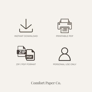 Op de afbeelding: Een digitale informatiegrafiek met vier donkerbruine iconen op een lichte achtergrond. De iconen staan voor directe download, printbaar PDF, ZIP- en PDF-bestandsformaten en alleen voor persoonlijk gebruik. Onderaan staat de tekst Comfort Paper Co.