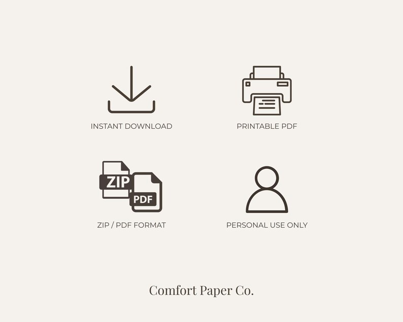 Op de afbeelding: Een digitale informatiegrafiek met vier donkerbruine iconen op een lichte achtergrond. De iconen staan voor directe download, printbaar PDF, ZIP- en PDF-bestandsformaten en alleen voor persoonlijk gebruik. Onderaan staat de tekst Comfort Paper Co.