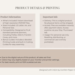 Op de afbeelding: Een productinformatieblad getiteld PRODUCT DETAILS & PRINTING. Het bevat specificaties zoals directe download van PDF/ZIP-bestanden, US Letter, A4 en Personal-formaten, en compatibiliteit met standaard planners en print- en snijgidsen.