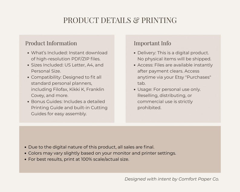 Op de afbeelding: Een productinformatieblad getiteld PRODUCT DETAILS & PRINTING. Het bevat specificaties zoals directe download van PDF/ZIP-bestanden, US Letter, A4 en Personal-formaten, en compatibiliteit met standaard planners en print- en snijgidsen.