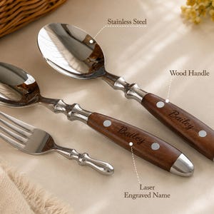 Personalized Wooden Handle Cutlery Set, Custom Engraved Name Flatware, Stainless Steel Fork Knife Spoon Gift Set for Wedding, Housewarming.
