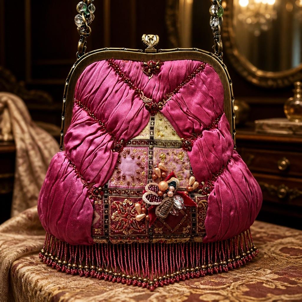 Mary Frances Embroidered Beaded Fuchsia Evening Bag With Fringe & Chain Strap