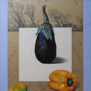 Still life with Eggplant and Peppers, Original oil Painting, Realism, Modern art, Handmade, Home decor, 20&quot;x16&quot;, 50x40cm