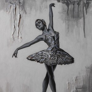 May include: A black and white painting of a ballerina wearing a feathered tutu and pointe shoes. The background is a textured gray with a white, textured area to the left of the ballerina.