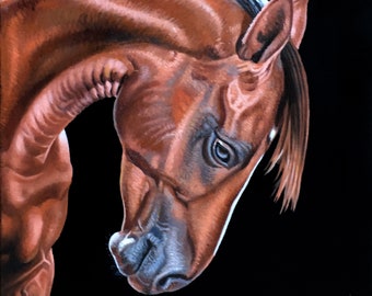 May include: A close-up painting of a brown horse's head with its head lowered. The horse's mane is black and the background is black.