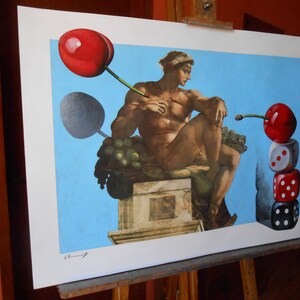 May include: A painting of a nude male figure sitting on a stone pedestal, with a cherry on a stem in the background. The cherry is red and the stem is green. The figure is looking to the right, and the cherry is on the left side of the image. There are three red dice stacked on top of each other in the lower right corner of the image.