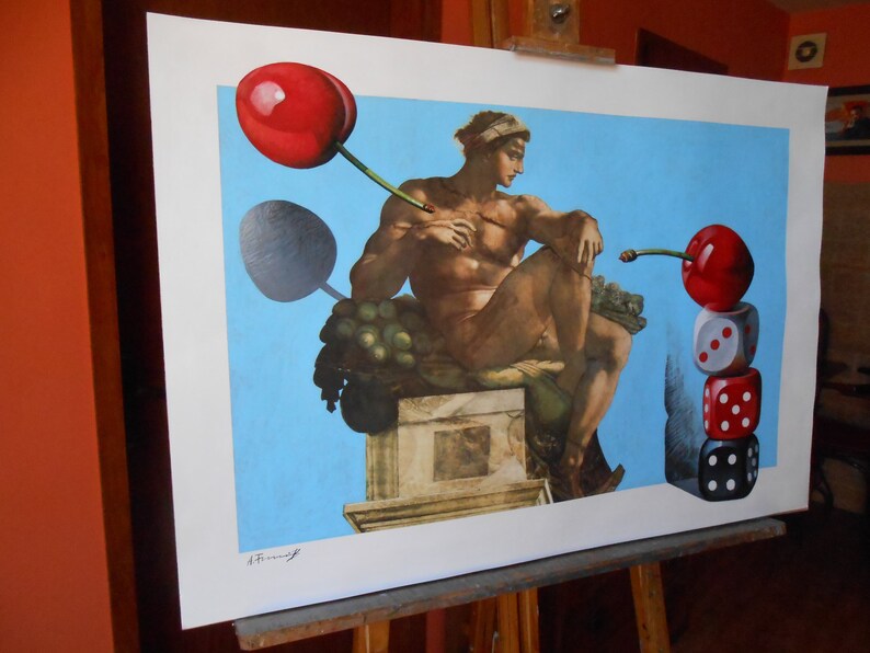 May include: A painting of a nude male figure sitting on a stone pedestal, with a cherry on a stem in the background. The cherry is red and the stem is green. The figure is looking to the right, and the cherry is on the left side of the image. There are three red dice stacked on top of each other in the lower right corner of the image.