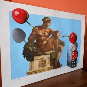 May include: A print of a painting depicting a nude man sitting on a stone pedestal, holding a cherry.  The man is looking to the right.  There are two cherries and a stack of dice in the background.  The print is signed "A. Fermiy".