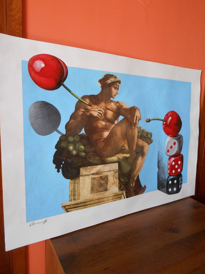 May include: A print of a painting depicting a nude man sitting on a stone pedestal, holding a cherry.  The man is looking to the right.  There are two cherries and a stack of dice in the background.  The print is signed "A. Fermiy".