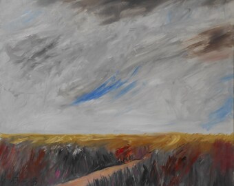 May include: A painting of a landscape with a field of tall grass in the foreground and a cloudy sky in the background. The sky is mostly gray with a few streaks of blue. The grass is a mix of brown and green.