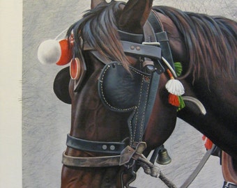 May include: A detailed painting of a horse's head wearing a harness. The horse is a rich brown color with a dark mane. The harness is black leather with decorative elements, including bells and tassels. The background is a textured gray.