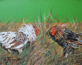 Combat de coq #1, peinture à l’huile, toile, réalisme, hyperréalisme, fait à la main, vert, rouge, brun, coqs, peinture animalière, 7 "x 9 » / 18x24cm