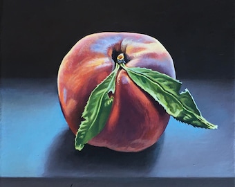 May include: A realistic painting of a ripe peach with a red and orange gradient. Two green leaves are attached to the peach. The peach is on a dark blue surface with a black background. The artist's signature is in the bottom left corner.