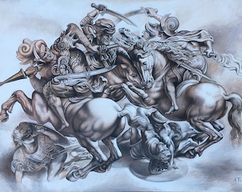May include: A black and white drawing of a battle scene with four figures on horseback. The figures are wearing armor and wielding swords. One figure is lying on the ground, defeated. The drawing is done in a realistic style and has a dramatic feel.