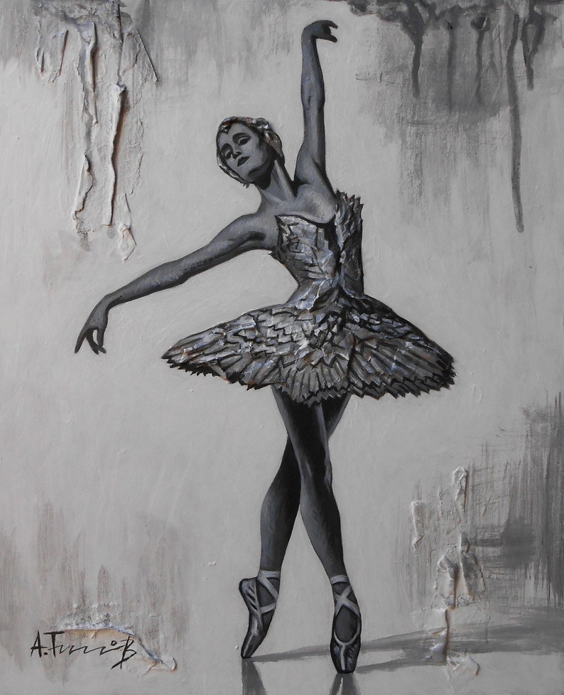 May include: A black and white painting of a ballerina wearing a feathered tutu and pointe shoes. The background is a textured gray with a white, textured area to the left of the ballerina.