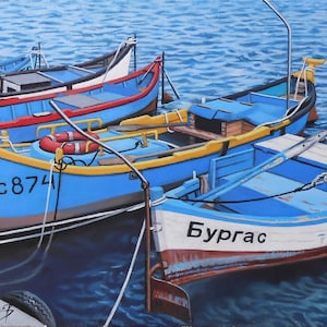 Boats, Seascape, Original Oil on Canvas Painting, Sea, Water, Sky,Realism, Photorealism, Handmade, Wall Art, Ready to hang, 7&quot;x9&quot; / 18x24cm