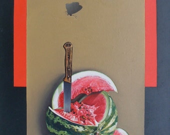 Naturaleza muerta con sandía, cuchillo y mariposa, pintura al óleo original, 24"x35" / 60 x 90 cm