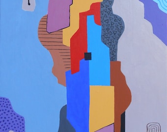 May include: Abstract artwork with a light blue backdrop and vibrant geometric forms. The painting showcases blocks of red, yellow, blue, purple, and brown, with black accents and a signature in the bottom right. The style is modern and striking.