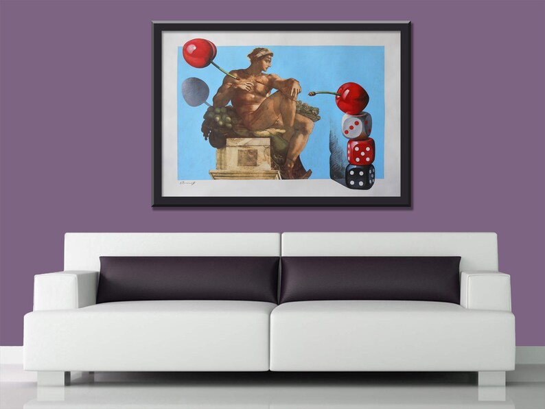 May include: A framed print of a surrealist painting depicting a sculpture of a man holding a cherry, with another cherry balanced on top of a stack of dice.