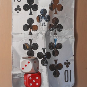 Karte mit Dice, Still Life, Öl auf Leinwand, Hyperrealismus Malerei, Realismus, Original Ölmalerei