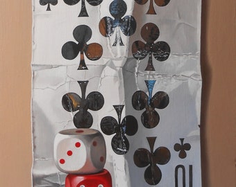 Pintura al óleo original: Carta con dados, Naturaleza muerta, Óleo sobre lienzo, Hiperrealismo, Realismo
