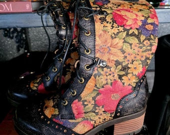 L'Artiste Women Boots Size 36 Spring Step Kisha Floral Flower Lace Up Side Zipper